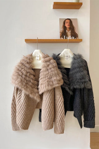 Statement Faux Fur Collar Ribbed Knit Long-Sleeve Cardigan