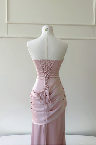 Satin Draped Corset Long Dress with Scarf – Elegant Strapless Design