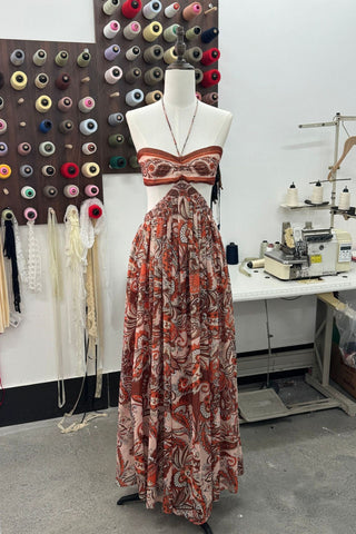 Strapless Printed Chiffon Long Dress – Sleeveless, Fluid Draped Fit with Open Back