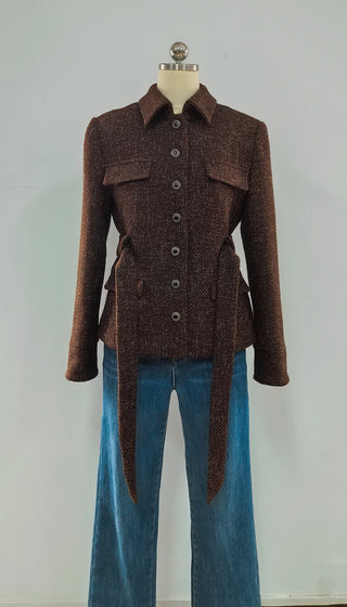 Textured Tweed Long Sleeve Belted Peplum Blazer