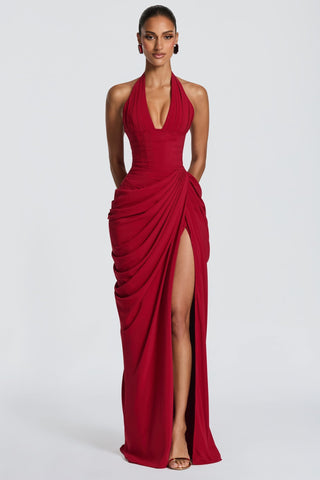 Draped Halter Corset Long Dress with High Slit