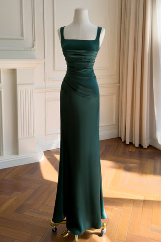Ruched Square Neck Sleeveless Satin Draped Back Long Dress
