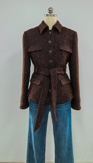 Textured Tweed Long Sleeve Belted Peplum Blazer