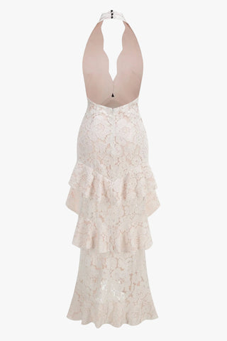 Floral Lace Halter Long Dress with Tiered Ruffles & Bow Detail