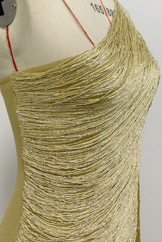 One-Shoulder Metallic Fringe Bandage Midi Dress with Back Slit