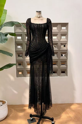Lace Corset Long Dress – Draped Long Sleeve Gown