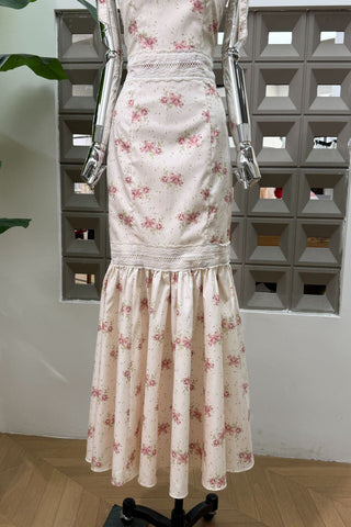 Floral Print Long Dress – Lace Trim, Tie Straps, Defined Waist & Corset Back