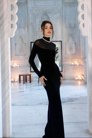 Velvet Mesh High Neck Long Dress – Long Sleeve Evening Gown
