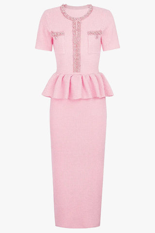 Pearl Embellished Tweed Peplum Midi Dress with Short Sleeves