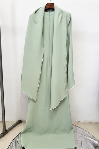 Pearl Trim Minimal Design Dress – Chiffon Material, Long Flared Sleeves