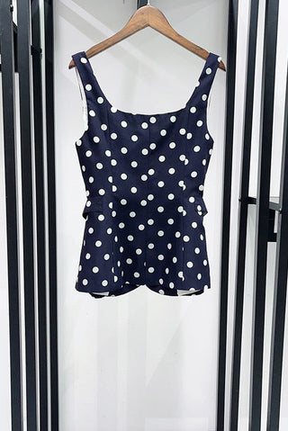 Polka Dot Top & Skort Set – Gold Button Detail, Side Buckle Accent & High-Waisted Skort