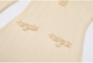 Ribbed Knit Long Dress with Pearl Trim Details & Long Sleeves