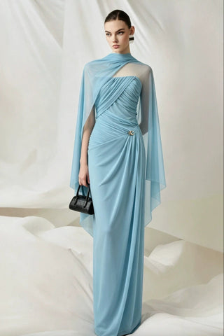 Soft Mesh Draped Strapless Long Dress with Sheer Scarf
