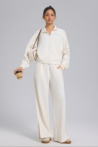 Relaxed Fit Zip-Up Jacket and Wide Leg Pants Set