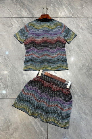 Metallic Chevron Knit Short Sleeve Top & High-Waisted Shorts Set