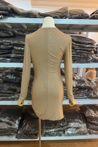 Glam Crystal Asymmetric Neck Ruched Long Sleeve Mini Dress