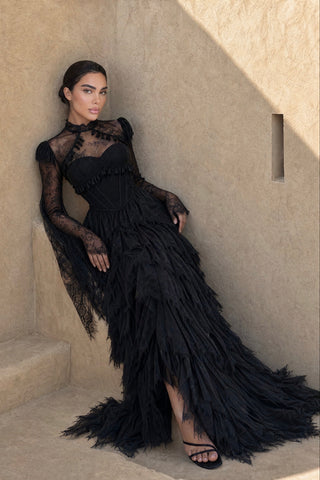 Lace Corset Long Dress with Ruffle Layers & Flared Sleeves