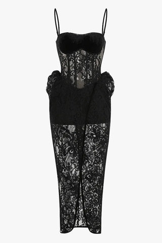 Sheer Lace Corset Maxi Dress with Floral Hip Details