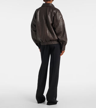 Classic Aviator Leather Jacket with High Neck, Utility Pockets, and Structured Fit