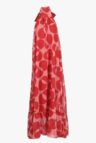Sleeveless Halter Neck Open-Back Printed Chiffon Long Dress with Ruffle Hem