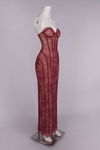 Sheer Lace Corset Strapless Long Dress with Lace-Up Back