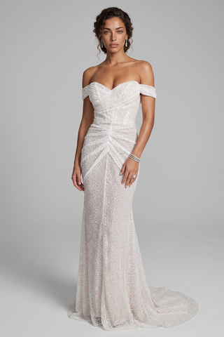 Off-Shoulder Sequin Draped & Ruched Long Evening Dress