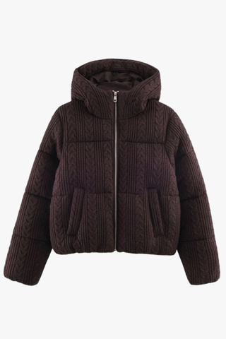 Cable Knit Puffer Jacket with Hood – Warm Padded Winter Coat, Soft Knit Fabric, Long Sleeve
