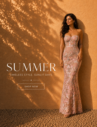 Woman in a strapless sequin dress against an orange wall with 'Summer' text.