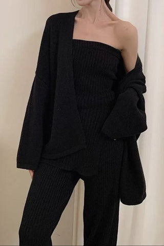 Comfy Ribbed Knit Three-Piece Cardigan, Top & Wide-Leg Pants Set