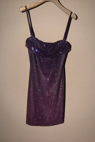 Crystal Embellished Cowl Neck Spaghetti Strap Mini Dress