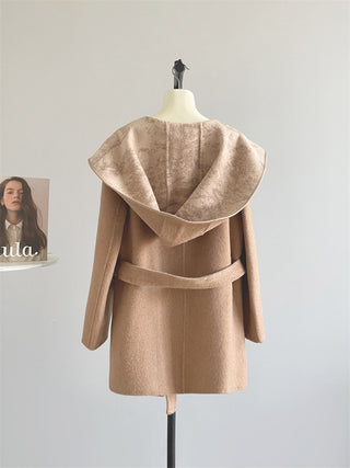 Wool-Feel Belted Long Sleeve Short Coat with Printed Shawl Collar