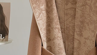 Wool-Feel Belted Long Sleeve Short Coat with Printed Shawl Collar