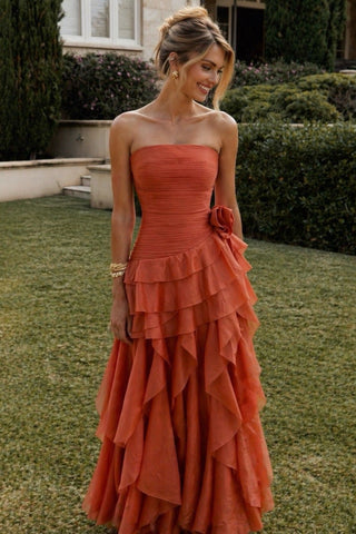 Statement Pleated Strapless Corset Long Dress with Dramatic Ruffles & Floral Detail