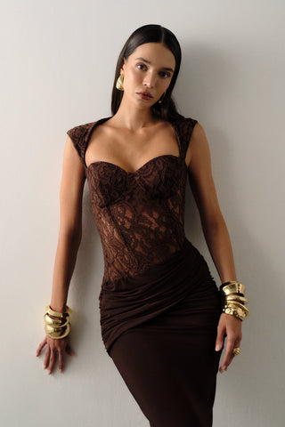 Lace Corset Draped Bodycon Long Dress with Cap Sleeves