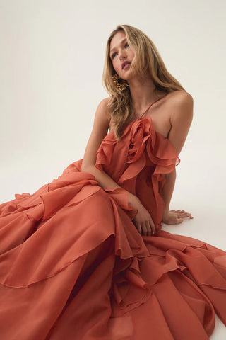 Floral Ruffle Organza Long Dress with Halter Neck