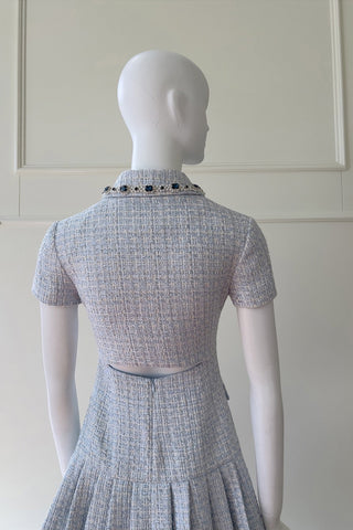 Structured Tweed Mini Dress – Short Sleeve, Pleated Skirt & Jewel Button Detail