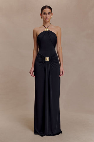Gold Detail Halter Long Dress – Sleeveless Open Back, Ruched Waist & Floor-Length