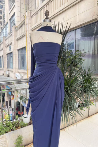 Strapless Ruched Long Dress with Lace-Up Back & High Slit