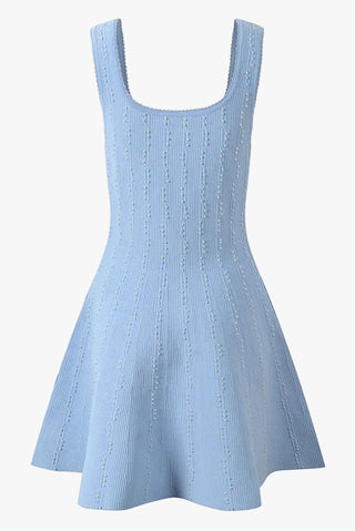 Pearl-Embellished Sculpted Knit Mini Dress with Flared Fit