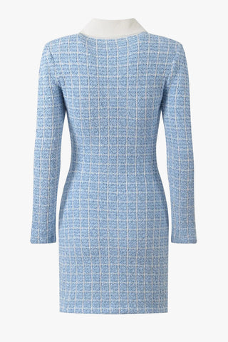 Elegant Long Sleeve Tweed Mini Dress with Bow Detail & Peter Pan Collar