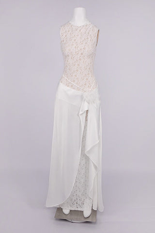 Sleeveless High Neck Lace & Draped Satin Rosette Long Dress