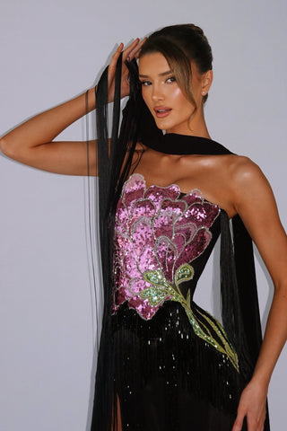 Floral Sequin Fringe Strapless Long Dress with Scarf
