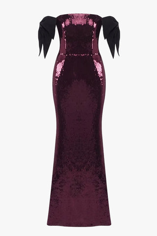 Sequin Bow Off-Shoulder Long Dress – Fitted Evening Gown