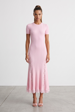 Ribbed Knit Round Neck Short Sleeve Long Dress with Lace Panels & Ruffle Hem