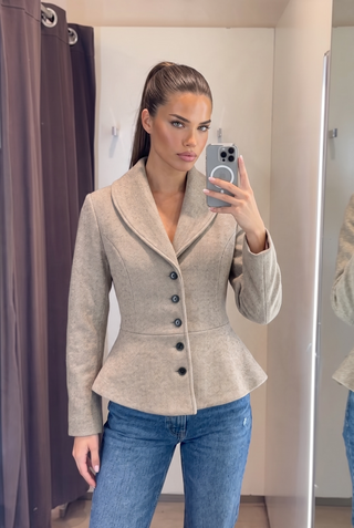 Herringbone Wool-Look Long Sleeve Peplum Jacket with Shawl Collar