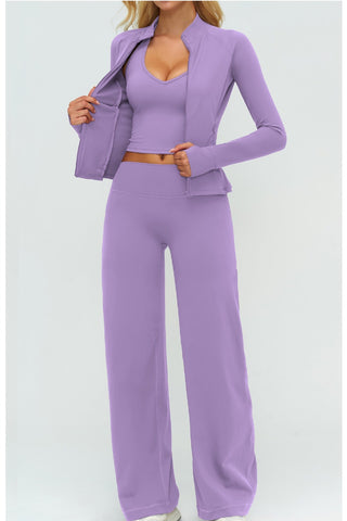 3-Piece Women’s Yoga Set – Cropped Tank, Zip Jacket & Wide-Leg Pants Activewear Set