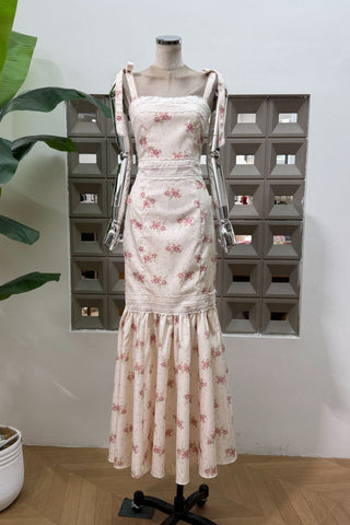 Floral Print Long Dress – Lace Trim, Tie Straps, Defined Waist & Corset Back
