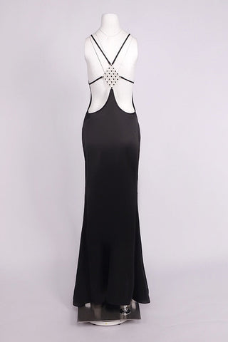Satin Halter Long Dress with Crystal Open Back Detail