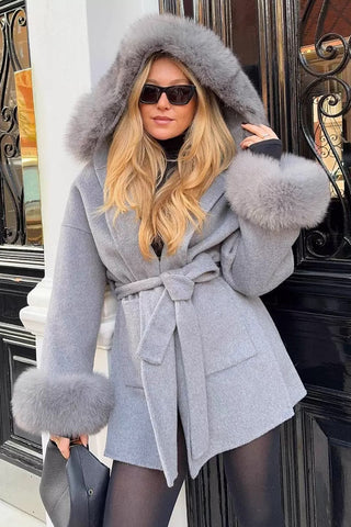 Long Wool Coat with Faux Fur Hood and Cuff Trim – Belted Design