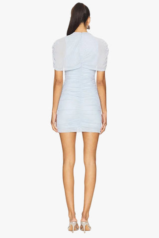 Ruched Mini Bodycon Dress with High Neck, Short Sleeves & Draped Overlay